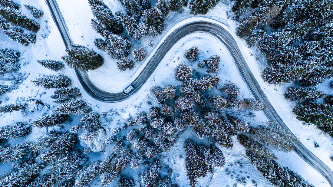 Carretera en curvas entre pinos nevados, vista cenital